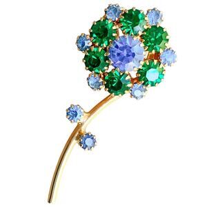 VTG Mid Century Brooch Floral Green Blue Rhinestone Gold Tone EUC